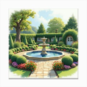 An English Garden With A Classic Stone Fountain And Well Manicured Plants, Watercolor 1 Canvas Print