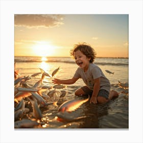 Child In Mid Laughter Reaches Out Towards A Shoal Of Silver Scaled Fish Near Shoreline Soft Sunset (1) Canvas Print