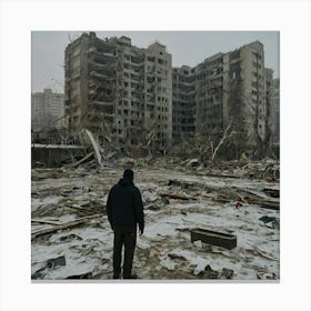 Man Walks Through The Rubble Of An Apartment Building Canvas Print