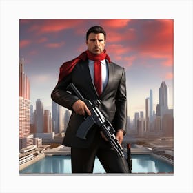 The Image Depicts A Man In A Black Suit And Helmet Standing In Front Of A Large, Modern Cityscape 6 Canvas Print