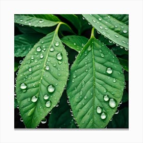 Green Leaves With Water Droplets Canvas Print