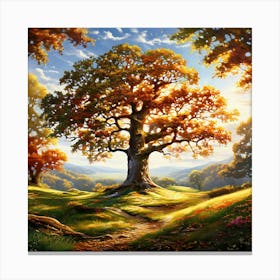 Majestic Oak Tree With Sprawling Branches Located In The Center Of A Serene Meadow Sunlight Filter 445022442 (1) Canvas Print