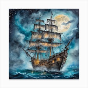 Pirate Ship At Night Canvas Print