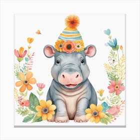 Floral Baby Hippo Nursery Illustration (1) Canvas Print