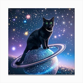 A Playful Black Cat With Glowing Green Eyes, Sitting Atop A Sparkling Planet With Rings, Like Saturn Canvas Print