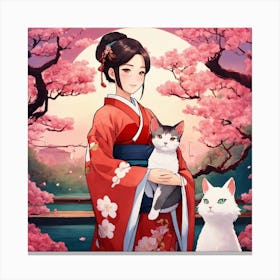 Japanese Girl With Cat Art Print 1 Canvas Print