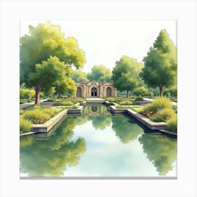 Watercolor Of The Studley Royal Water Garden In North Yorkshire, Capturing Its Beautiful Design And Serene Atmosphere Canvas Print