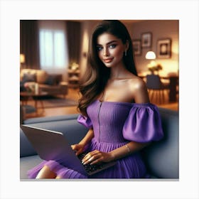 Beautiful Woman In Purple Dress Using Laptop Canvas Print