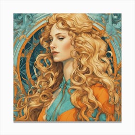 An Illustration Of A Woman In Costume With Long Curly Blonde Hair, In The Style Of Neon Art Nouvea (1) Canvas Print