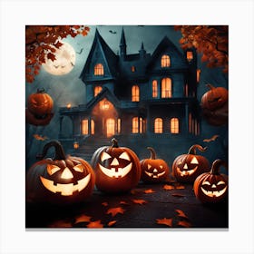 Halloween Pumpkins In Front Of A House Canvas Print