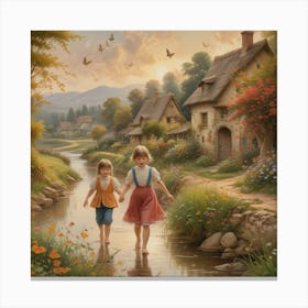 Two Little Girls Walking By A Stream Canvas Print