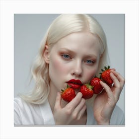 Albino woman eating strawberry, professional shot Canvas Print