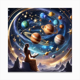 Girl Reading Book In Space Canvas Print