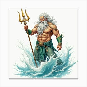 Majestic Sea God With A Trident, Watercolor Portrait 1 Canvas Print