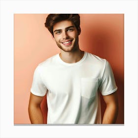 Generated Image of an Attractive Young Man with Light Brown Hair and Blue Eyes Wearing a White T-Shirt, Looking at the Camera with a Smile on His Face Canvas Print