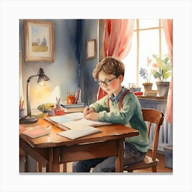 Boy Writing At Desk Canvas Print