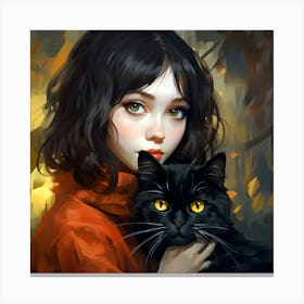 Autumn Intimacy - A Girl And Her Black Cat Canvas Print