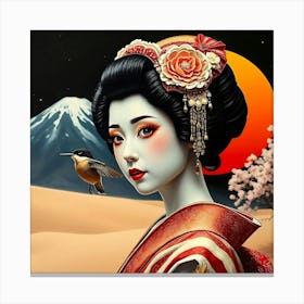 Geisha And Sing Bird Outside - Color Drawing Canvas Print