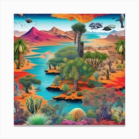 Landscape Of The Desert, A Vibrant Collage Of Different Ecosystems Deserts Forests Oceans Seamlessly Blending Together Canvas Print