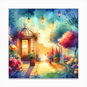 Watercolor Garden At Sunset Canvas Print