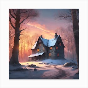 Secluded Stone House In a Winter Landscape Canvas Print