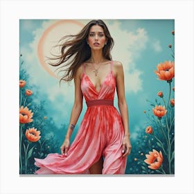 Trendy Lady In Watercolor Dress, Artistic Street Mural 1 Canvas Print