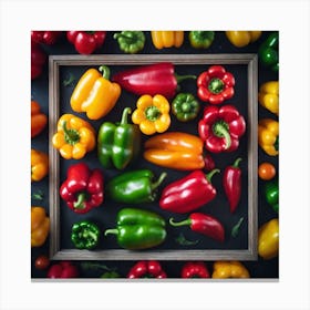 Colorful Peppers In A Wooden Frame 4 Canvas Print