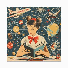 Soviet Themed Retro Girl Learning Canvas Print