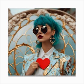 Blue Haired Woman Holding A Heart Canvas Print