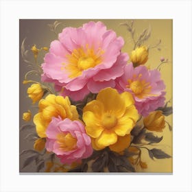 A Painting Of Pink And Yellow Flowers On A Yellow Background An Airbrush Painting By Senior Artist 635846579 Canvas Print