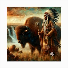 Native American Indian And Buffalo Copy 2 Canvas Print