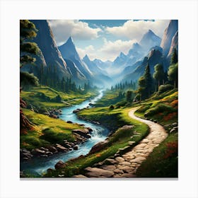 Path Through The Mountains, A Winding Path Through Various Landscapes Mountains Forests Rivers Indicating The Thrill 3 Canvas Print