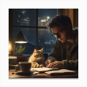 A person studying with a cat Canvas Print