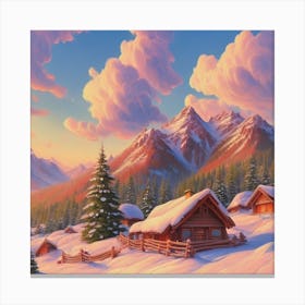 Mountain village snow wooden huts 4 Canvas Print