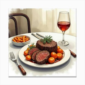 Watercolor Portrayal Of A Savory And Hearty Beef Pot Roast On A Stylish Restaurant Table Canvas Print