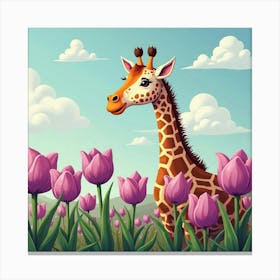 Giraffe Near Purple Tulips 1 Canvas Print