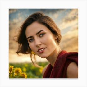 Sunset In The Sunflower Field Canvas Print