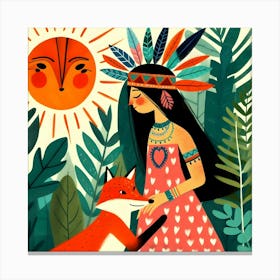 Indian Girl with Fox, Sun, and Nature Canvas Print