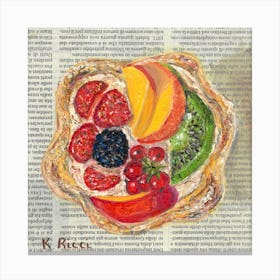 Fruit Tart Colorful Pastry On Newspaper Kiwi Peach Strawberries Apple Food Kitchen Farmhouse Canvas Print