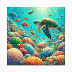 Underwater scene with sea turtle and clownfish Canvas Print