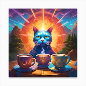 Enlightened Cat With Cups Of coffee psychedelic Canvas Print