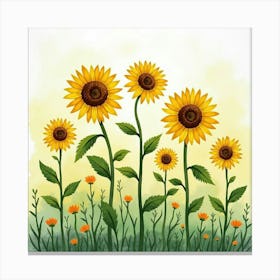 Vibrant Sunflowers Standing Tall In A Watercolor Landscape 1 Canvas Print