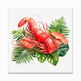 Red Lobster With Tropical Leaves Canvas Print