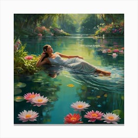 A gracefully floating water nymph, her delicate form surrounded by a tranquil garden of ethereal water blossoms. The petals of these flowers convey a range of emotions, shifting gently with the breeze that ripples through the crystal clear water. The aquatic stems showcase a vibrant array of colors, dazzling the eyes with their beauty. This captivating scene is depicted in a stunningly detailed painting, where every aspect is brought to life with rich and vibrant hues against green surroundings, crossing reality and illusion, highly detailed, cinematic scene, dramatic lighting, ultra realistic 8 Canvas Print