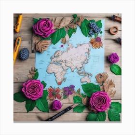 World Map With Roses Canvas Print