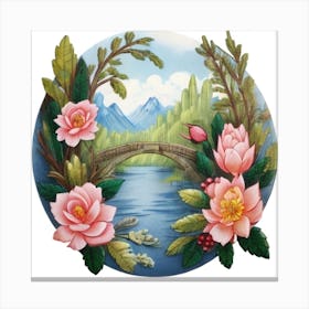 Bridge With Lotus Flowers Canvas Print