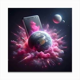 A Photo Realistic Mobile Phone As A Planet In Space With Pink Smoke And Explosions, With 2 Moons In The Background, Digital Art 3 Canvas Print