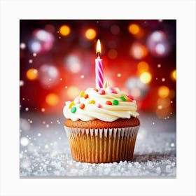 Birthday Celebration Cupcake Adorned With Vibrant Hued Frosting Single Candle Alight Casting A So (5) Canvas Print