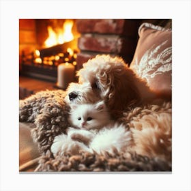 Dog And Cat Cuddling In Front Of Fireplace Canvas Print