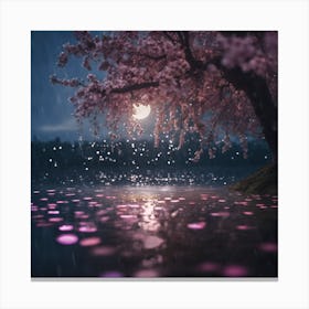 Moonlit Lakeside Cherry Blossom Tree Canvas Print